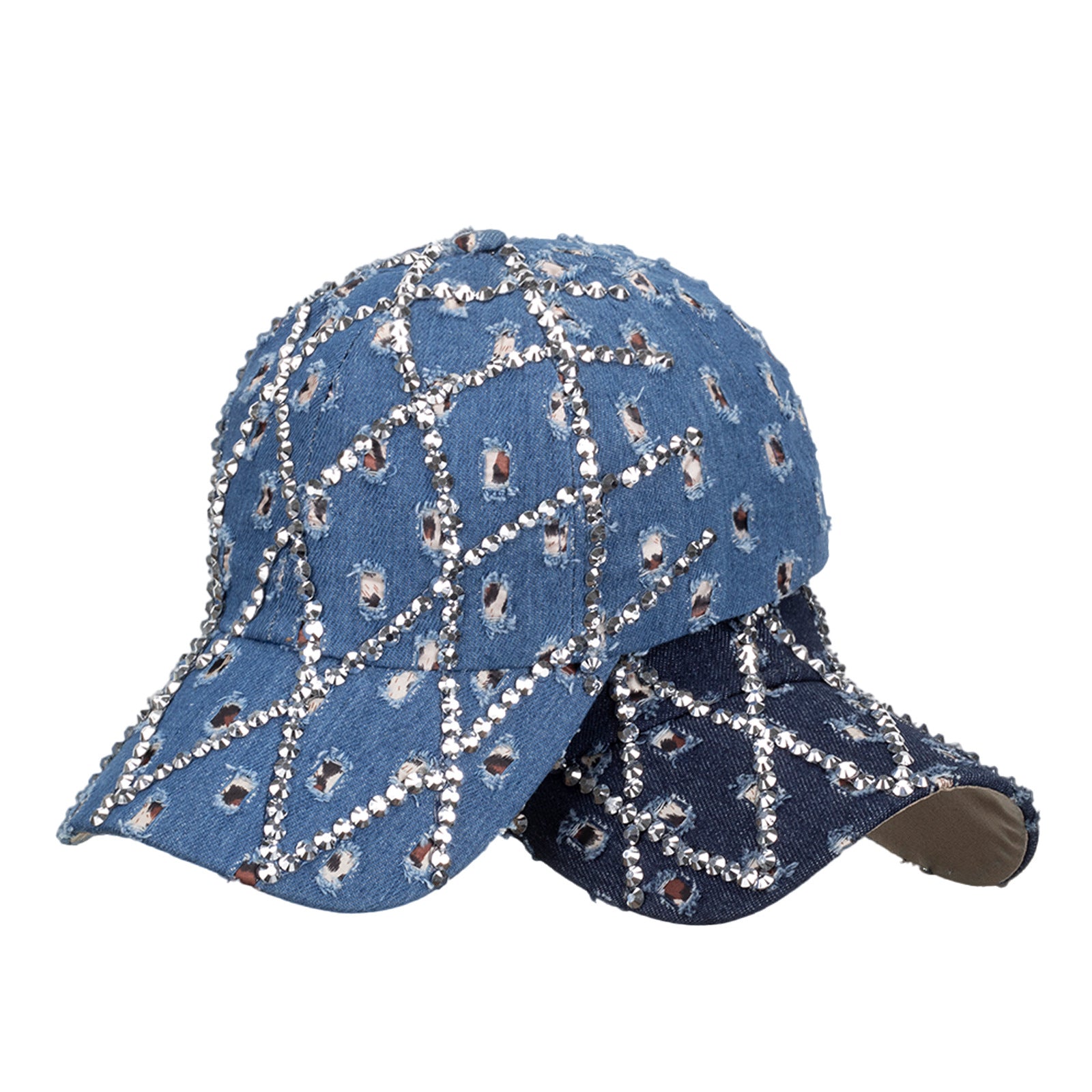 Wholesale Ripped diamond denim leopard print rhinestone baseball cap